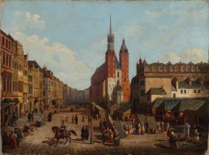 Widok północnej części Rynku krakowskiego z kościołem Mariackim malował Marcin Zaleski 1843 r. olej-płótno,MHK
